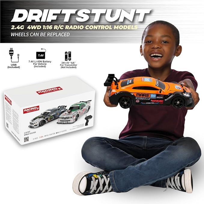 Liberty Imports RC Drift Car 1/16 2.4GHz 4WD Remote Control Sport Racing On-Road Vehicle with LED Light, Batteries and Drift Tires (Red)