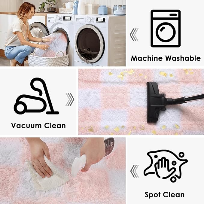 KICMOR 5x8 Area Rugs for Living Room, Light Pink and White Fluffy Shag Large Fuzzy Plush Soft Bedroom Carpets, Indoor Floor Shaggy Checkered Rug for Kids Baby Girls Room Playroom Nursery Home Decor