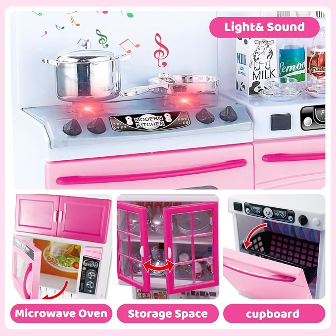 56PCS 5-in-1 Kids Kitchen & Dollhouse Playset – 51 Accessories & 5 Modular Setups, Realistic Lights & Sounds, Easy Assembly Pretend Cooking Toy for Girls Ages 3+