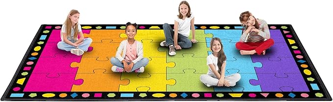 Booooom Jackson Large Colorful Puzzle Area Rug - 7'5"x13' with Non-Slip Backing - School Classroom 24 Seating Elementary Carpet