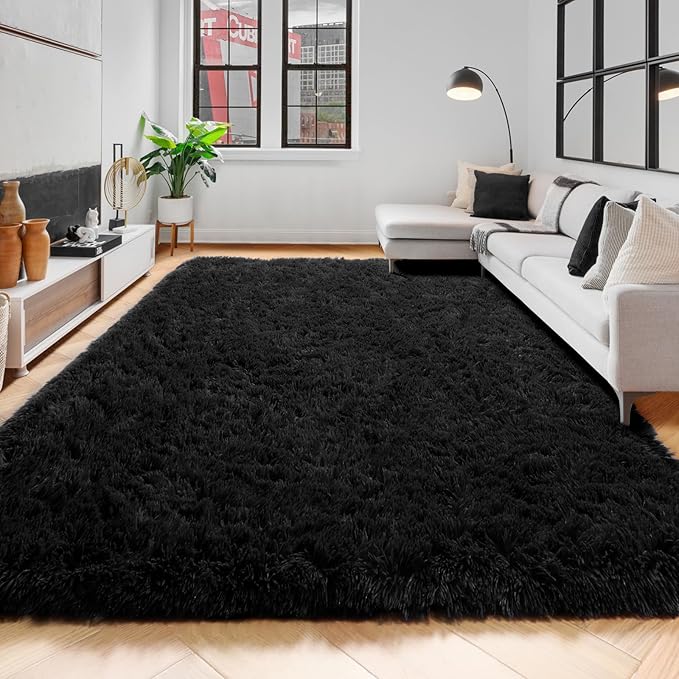 Black Rug 8x10 for Living Room Bedroom, Large Big Fluffy Modern Area Rugs for Kids Room Decor Aesthetic, Shaggy Furry Floor Carpet for Dorm Office Playroom Nursery Classroom, Baby Teen Boys Mens Rug
