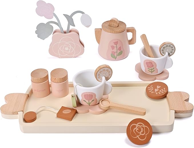 Wooden Tea Set for Little Girls, Wooden Toys, Toddler Tea Set Toy, Play Kitchen Accessories Set, Montessori Toys, Kids Play Kitchen Pretend Playset Toys for Baby Tea Party with Play Food