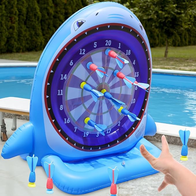 45" Large Inflatable Pool Toys Shark Dart Board with 8 Sticky Darts, Swimming Pool Floats Water Games for Kids Adults Family Summer Beach Yard Outdoor Play Cool Party Gift for Boys Girls 6-12 Years