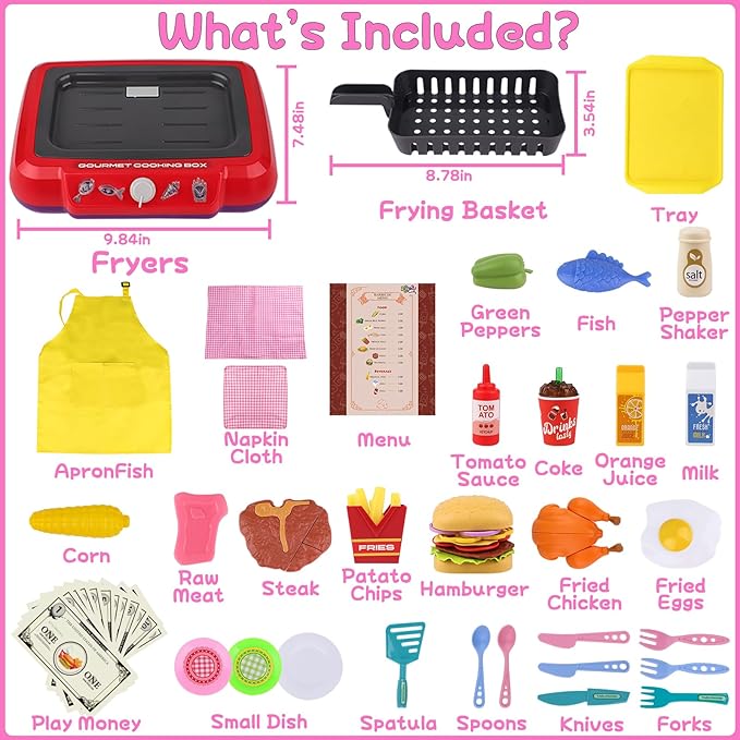 Gifts2U Kids Frying Kit Kitchen Cooking Playset, 48 PCS Toddler Pretend Play Store Toys with Color Changing Play Food, Simulator Kitchen Accessories Set DIY Toy Learning Gift for Girls Boys