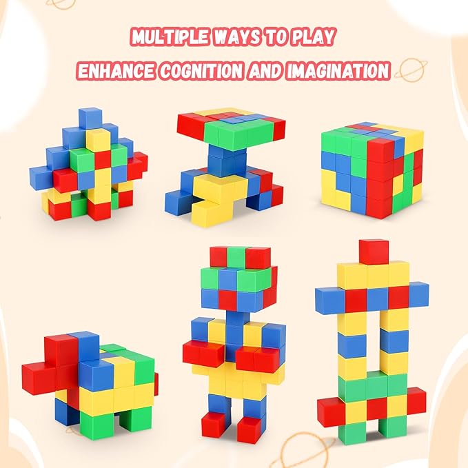 64 PCS Magnetic Blocks for Kids, Learning Magnet Cubes Building Toys for Toddlers, STEM Educational Sensory Montessori Square Toy for Boys and Girls