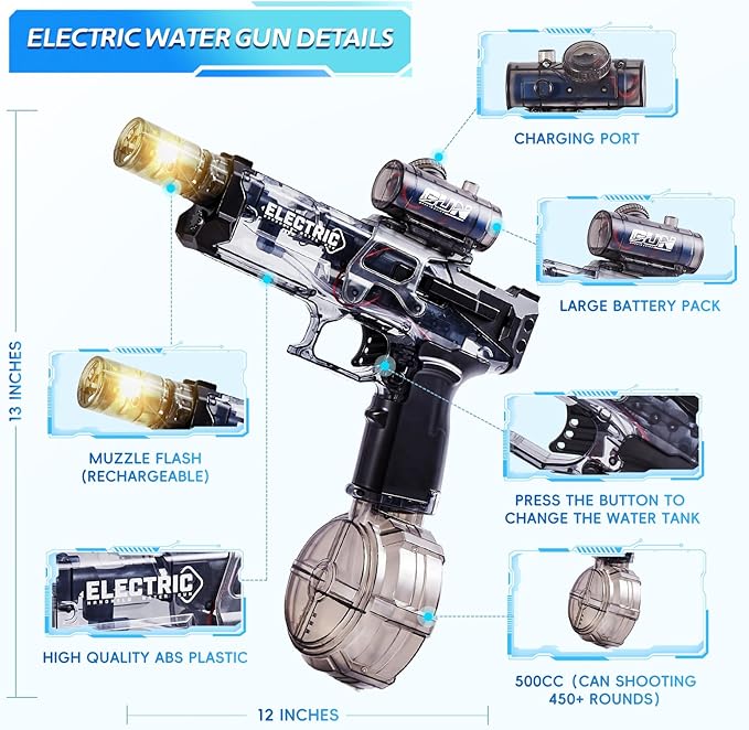 Electric Water Gun with LED Light & Recoil Effect,500CC High Capacity Automatic Squirt Guns,Up to 32 FT Range for Swimming Pool Party Beach,Outdoor Activity for Adults & Kids(Black)