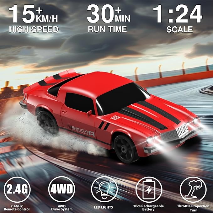 RC Drift Car 1:24 Remote Control Car 4WD 15KM/H High Speed Racing Sport Car with LED Lights RC Cars Toy Cars for Kids Boys Girls Adults Gifts Birthday Christmas Rechargeable Batteries