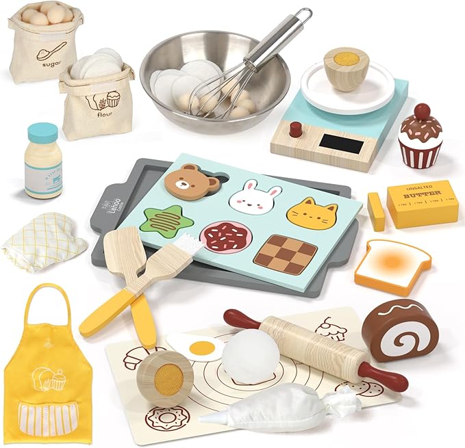 Lehoo Castle Play Food Set for Kids Kitchen, Play Kitchen Accessories Wooden, Kids Baking Set for Boys, Toys Cupcakes and Cookie Maker, Preschool Cooking Toys for Toddlers Boys Girls Ages 3+