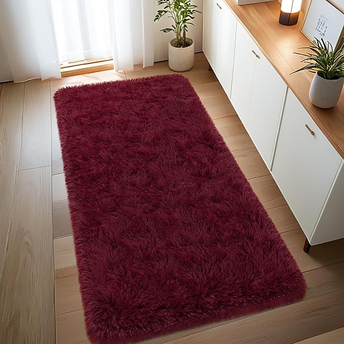 Nuttumico 2x4 Feet Soft Runner Rugs for Bedroom Living Room Plush Fluffy Rug, Burgundy Non-Slip Shag Area Rugs Carpet for Bedside Kids Girls Room Nursery Home Decor, Non Shedding