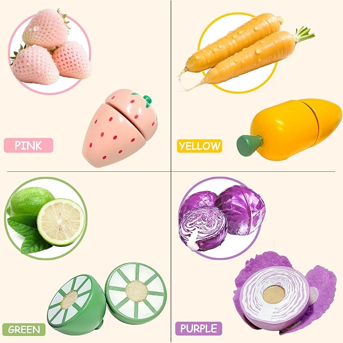 WHOHOLL Play Food Set for Play Kitchen Accessories, Wooden Toys Food Pretend Cutting Food with Apron, Montessori Toys for 3+ Years Old Girls Boys Eye-Protection Learning Resources