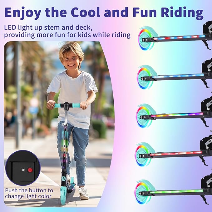BELEEV V3 Scooter for Kids with Light-Up Wheels & Stem & Deck, 2 Wheel Folding Scooter for Girls Boys, 4 Adjustable Height, Lightweight Kick Scooter with Handy Kickstand for Children Ages 3-12