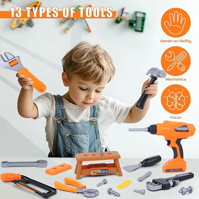 Magic4U 52PCS Toddler Tool Set with Electric Drill Toy & Kids Tape Measure, Pretend Play Construction Toys Costume with Kids Tool Belt, Toy Tool Bag for Boy Girls Age 3-8