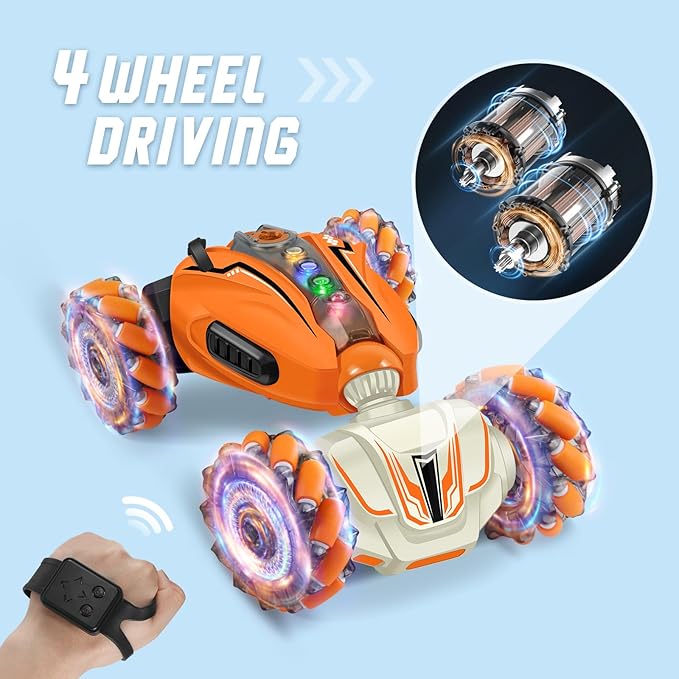 Gesture Sensing RC Car Hand Controlled Remote Control Car with Spray, 2.4Ghz All Terrain Remote Toy C-ar for Kids, Transformed Vehicle 360° Spins LED Present Speedcar for 3-12yr Boys Girls Orange