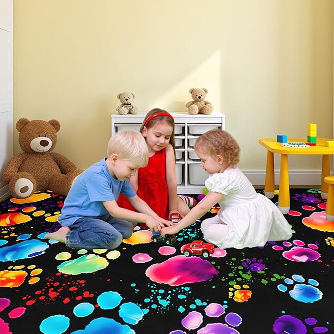 Paw Print Rug - Cute Colorful Dog Cat Paw Print Rugs Cartoon Animal Claw Carpet for Kids Bedroom Cute Animal Paw Themed Decorative Carpet for Playroom Soft Decor for Classroom,4'5''×6'