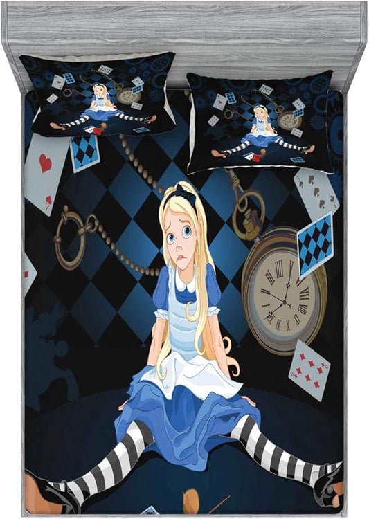 Ambesonne Alice in Wonderland Fitted Sheet & Pillow Sham Set, Grown Giant Girl Sitting Flying Cards and Rose Checkered Cartoon, Decorative Printed 3 Piece Bedding Decor Set, Calking, Dark Blue