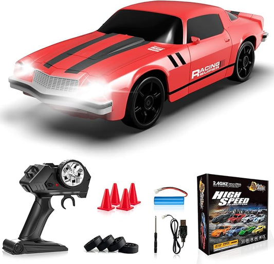 Remote Control Car, 1/24 Scale RC Drift Car, 4WD 15KM/H High Speed RC Cars, Racing Sport Toy Car with LED Lights, Racing Tire, Birthday for Kids Boys Girls, Rechargeable Battery