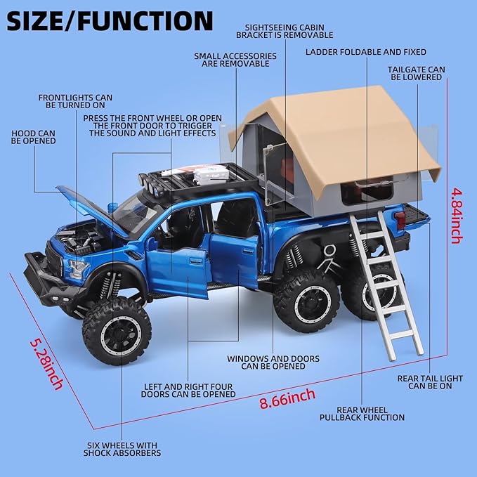 Toy Trucks for Boys Age 4-7,Trucks for Kids F150 Diecast Truck,Model F150 Pickup Truck with Sightseeing Cabin,Pull Back Cars with Light and Sound,Trucks for Kids Ages 4-8（Blue）