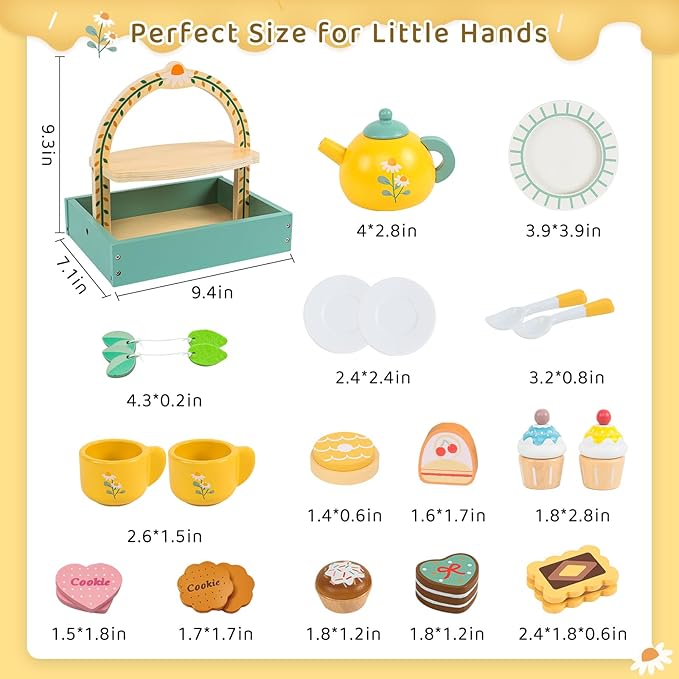 Wooden Tea Party Set for Little Girls,Kids Tea Set with Cookies & Cake Stand, Play Kitchen Accessories Wooden Pretend Play Food Toys for Girl Boy Birthday Gift