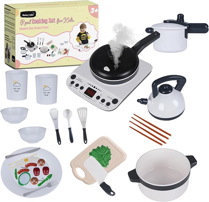 Kids Kitchen Playset - Realistic Steaming Pan, Pretend Stove Toy Set with Play Kitchen Accessories - With Fruits, Vegetables, Kettle, Frying Pan, Cook Pot, Pressure Cooker - For Children Ages 3+ Years