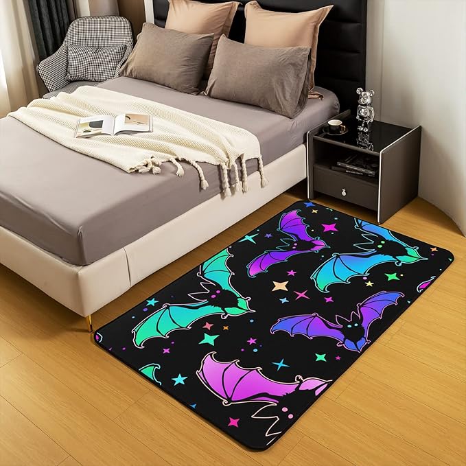 Erosebridal Halloween Bat Rug, Glitter Stars Galaxy Area Rug 4x5 for Kids Child, Halloween Decorations Carpet for Bedside, Halloween Teal Blue Green Purple Non Shedding Decorative Rug