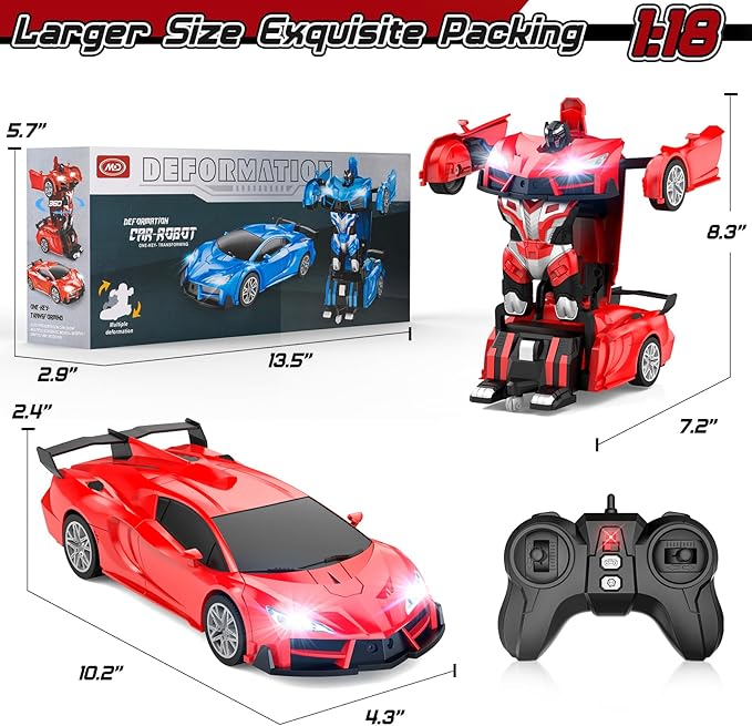 Remote Control Car，Transform Robot RC Cars with Cool LED Headlights, 2.4Ghz Toys Car with 360 Degree Rotation and One-Button Deformation, Christmas Birthday Gifts for Boys Girls(Red)