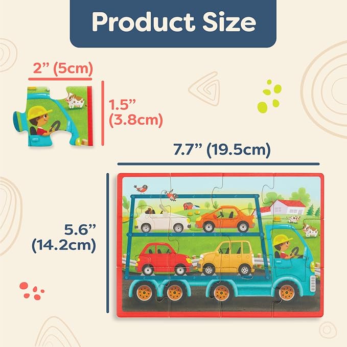 B. toys – Wooden Puzzle Set – Car Carrier, Loader, Excavator, Dump Truck – 12-Piece Jigsaw Puzzles For Kids – 3 Years + – Pack o' Puzzles - Trucks