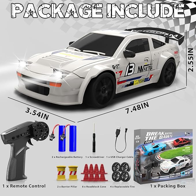 RC Drift Car, 1/24 Remote Control Car, 2.4Ghz 17KM/H High Speed RC Cars with LED Lights, Extra Tires, 2 Rechargeable Batteries, 4WD Racing Car Toys Christmas Birthday Gift for Kids Boys Girls Adults