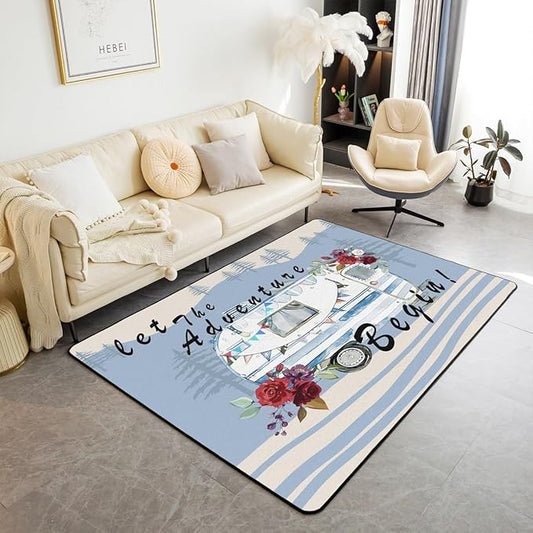 Erosebridal Camper Adventure Area Rug 5x7 RV Car Rug for Young Teens Cartoon Spring Flowers Mountain Travel Carpet Retro Blue Abstract Botanical Non Slip Decorative Rug