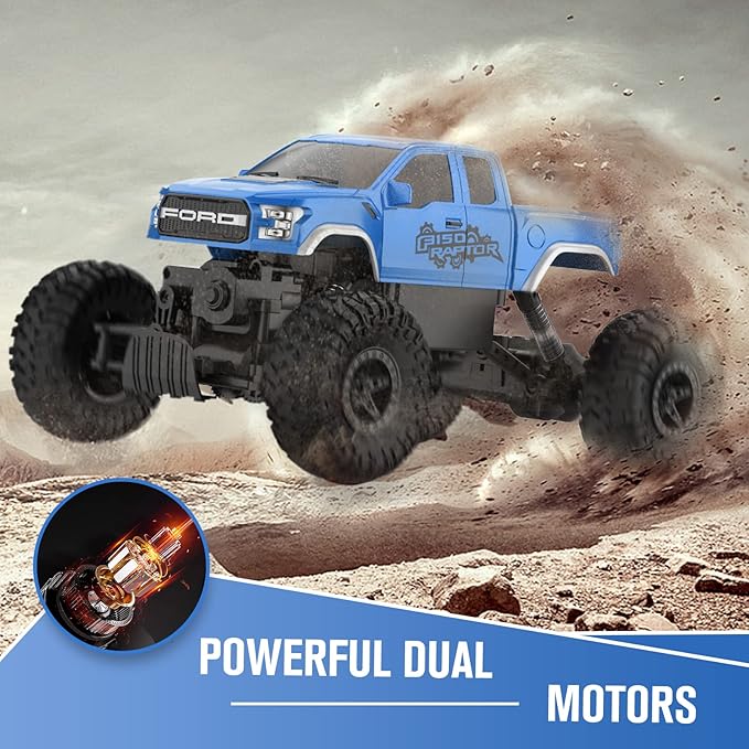 DOUBLE E Ford Raptor F150 RC Car 4WD 2 Motors Monster Trucks for Boys, 11 Inches Off Road Crawler Vehicle Truck Toy for Kids, Blue