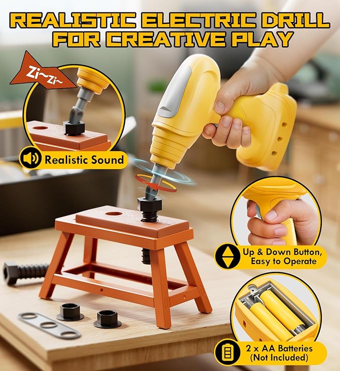 Lehoo Castle Kids Tool Set with Electric Toy Drill ＆ Tool Box ＆ Take Apart Construction Toys, Pretend Play Tool Set for Toddlers 3-5, Montessori Tool Box for Boys Girls