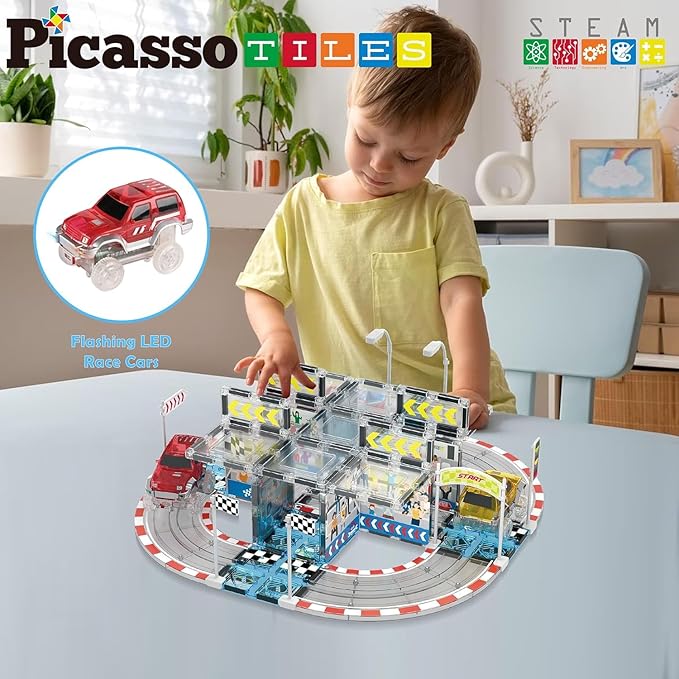 PicassoTiles Magnet Tile Race Car Track Construction Toy Blocks with 2 Trucks Accessory Street Sign Add-on Kit Magnetic Building Tiles Stadium Seat Playset STEAM Fine Motor Learning Kids Age 3+ PTQ05