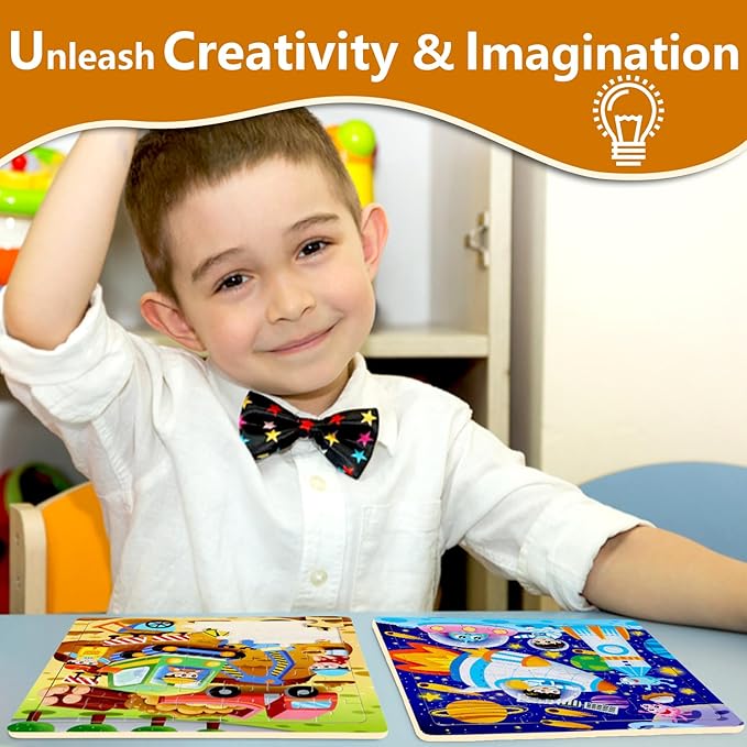 Puzzles for Kids Ages 4-6 - 48 Pcs Wooden Realistic Montessori Toddler Puzzles Ages 3-5 - Construction Vehicles Fire Rescue Space Learning Games for Boys and Girls 4-8 Year Olds