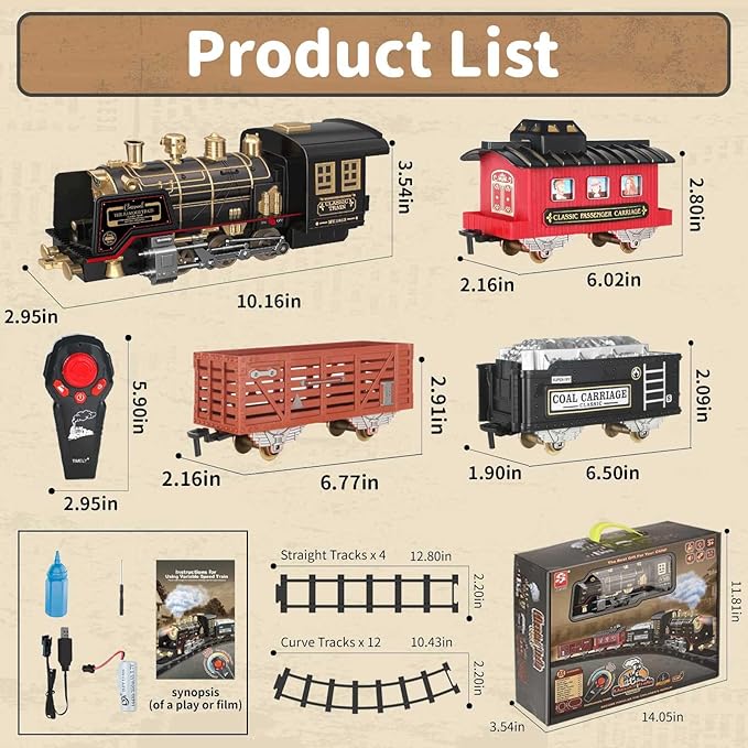 JUQU Train Set - Electric Train Set w/Remote Control, Smoke, Light, Whistle, Toy Train Set for Under Christmas Tree w/Track, Toddler Model Trains for 3 4 5 6 7 8+ Years Old Boys Christmas Toys Gift