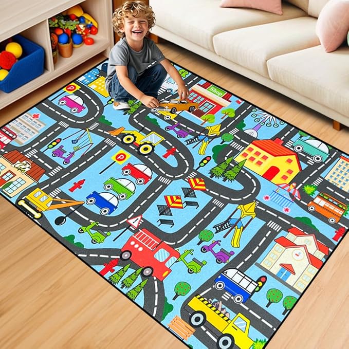 Car Track Rug - Car Rugs for Kids Toy Cars City Life Road Rug for Large Kids Play Mat for Boys Girls Playroom Living Room Bedroom Classroom, 5'×7'