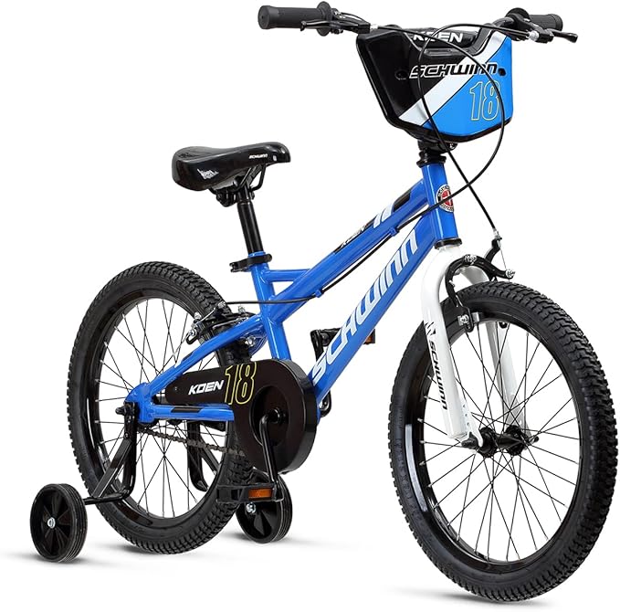 Schwinn Koen BMX Style Toddler and Kids Bike, For Girls and Boys, 18-Inch Wheels, With Training Wheels, Chain Guard, and Number Plate, Recommended Height 42-52 Inch, Blue
