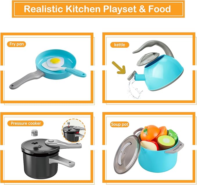 105Pcs Kids Kitchen Toy Accessories, Toddler Pretend BBQ Camping Cooking Playset, Play Pots, Pans, Utensils Cookware Toys, Play Food Set, Vegetables, Learning Gift for Girls Boys (Turquoise)