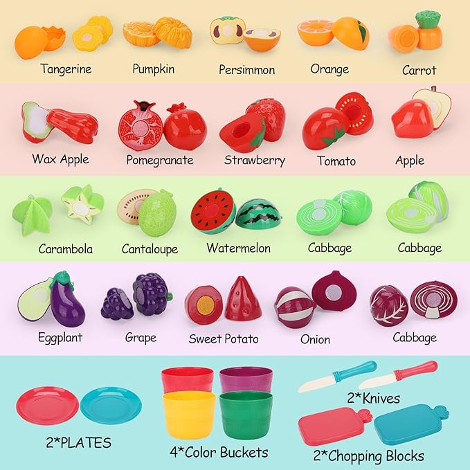 Kids Shopping Cart with Cutting Play Food Set for Kids Kitchen, 2 in 1 Shopping Cart for Kids Grocery Store Pretend Play Kitchen Accessories Sorting Food Bucket Learning Toys Gift for Toddler 3-5