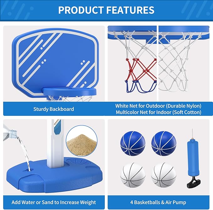 Pool Basketball Game, Toddler Hoop with Adjustable Height, Summer Water Games for Kids and Adults
