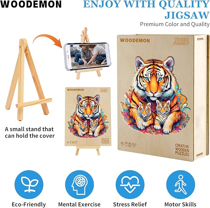 Wooden Puzzles for Adults, Tiger Family (M-190pcs) Wooden Jigsaw Puzzles Kids, 11.2 * 11.8in Unique Shaped Animal Wood Puzzles Adults, Fathers Birthday Family Games