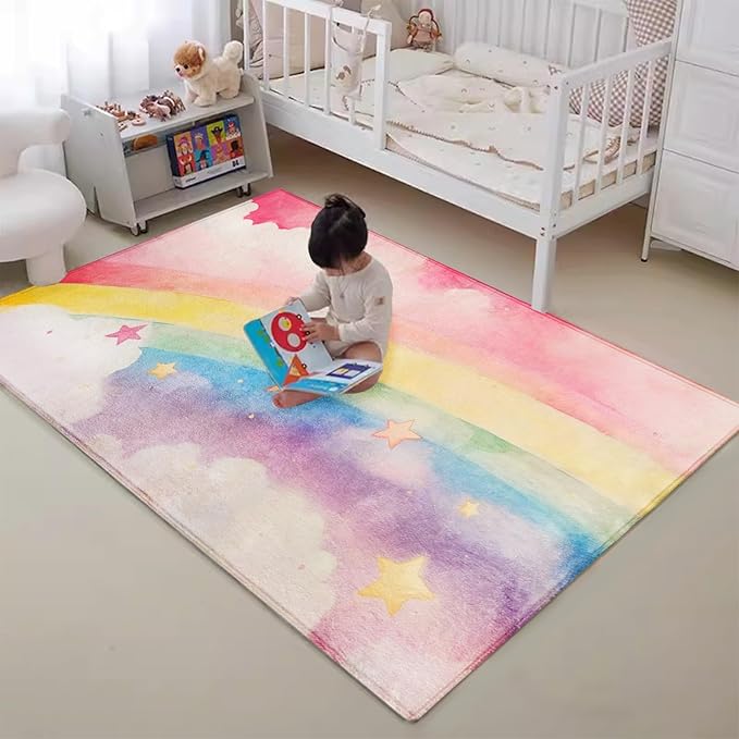 ABREEZE Kids Rainbow Play Mat Ultra Soft for Room, 3.3'x5' Non Slip Multi Color Children Nursery Area Rug Baby Carpet for Bedroom Decor Playroom Living Room