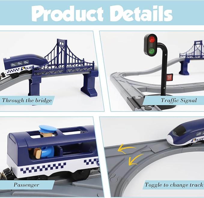 Wdmiya Train Set for Toddlers, 73 Pcs Train Toys for Kids Ages 3-8, Electric Trains Sets with Tracks (Magnetic Connection), Christmas Birthday Gifts for 3 4 5 6 7 Years Old (73pcs, Police)