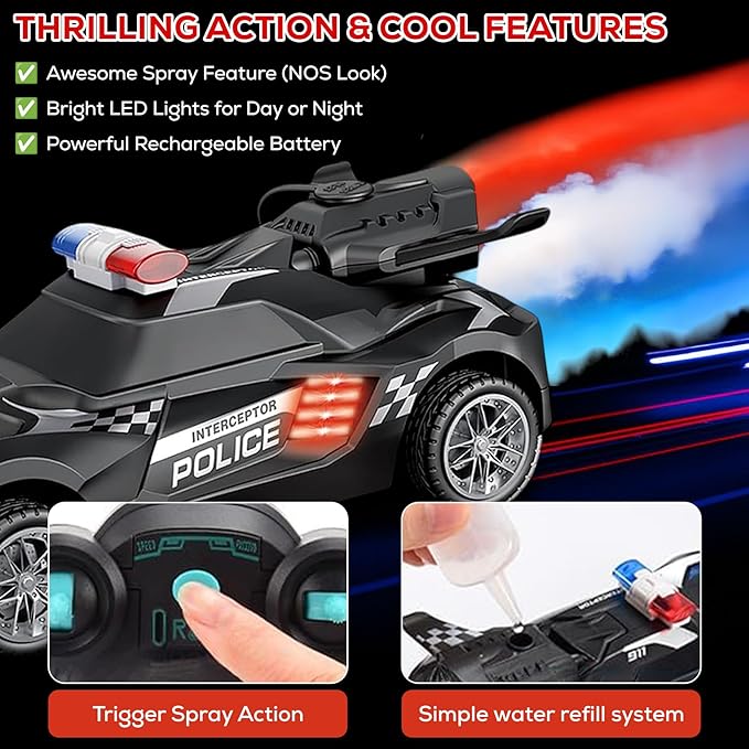 Remote Control Car – Police Car Toy with Powerful Motor, Anti-Slip Rubber Tire – RC Cars with Stunt Spray Button – Unique Smoke Effect and Water Injection