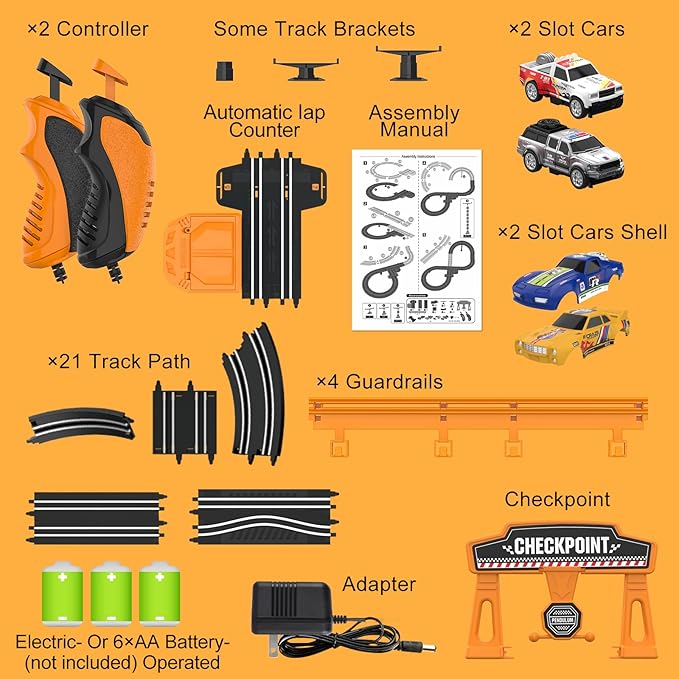 Slot Car Race Track Sets with 1:64 High-Speed Slot Cars, Battery or Electric Car Track, Dual Racing Game Lap Counter Circular Slope Track, Gifts Toys for Boys Kids Age 6 7 8-12