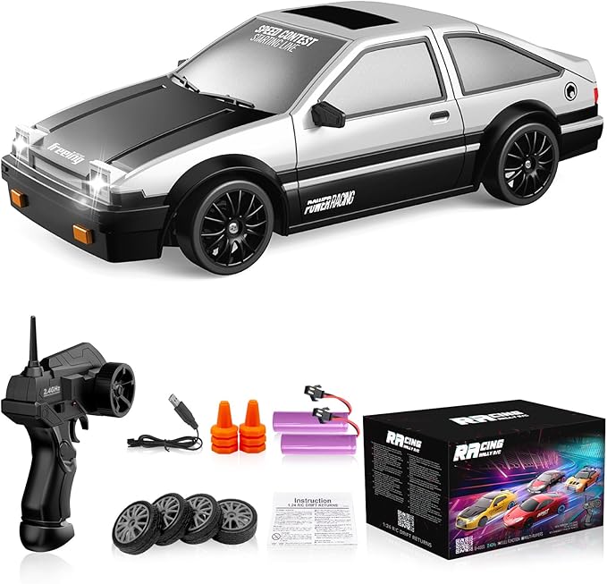 Remote Control Car RC Drift Car 2.4GHz 1:24 Scale 4WD 15KM/H High Speed Model Vehicle with LED Lights Drifting Tire Racing Sport Toy Car for Adults Boys Girls Kids Gift 2Pcs Rechargeable Batteries
