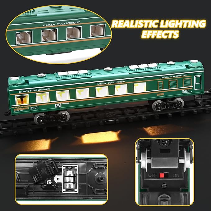 Train Set for Kids, Steam Locomotive Train w/Coal Car,Passenger Coach,Cargo Car & Long Tracks,Electric Train Railway Kits w/Smoke,Lights & Sound,Battery-Powered Train Toys Gift for Boys Girls
