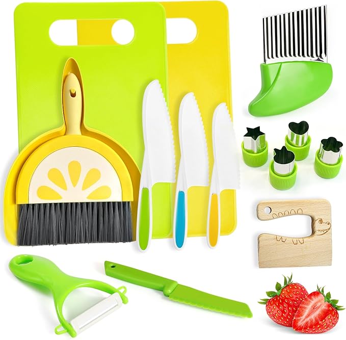 15 Pieces Kids Safe Knife Set for Real Cooking Child-Friendly Plastic Chef Tools Montessori Kitchen Toys for Toddlers with Bright Colors Gifts for Boys and Girls