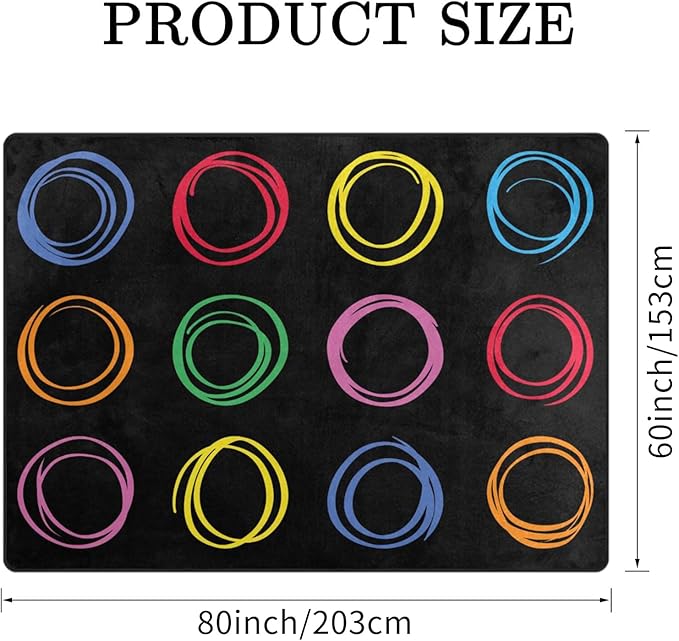 Kids Rug, Classroom Carpets Playmat Rugs, 5x7 Ft Kids Carpet with Rubber Backing, Colorful Circles Children's Classroom Seating Rug Nursery Rugs for Kids Room, Playroom or Elementary, Black, Seats 12