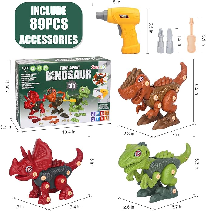 Sanlebi Take Apart Dinosaur Toys for 4 5 6 7 Year Old Boys Kids Building Toy Set with Electric Drill Construction Engineering Play Kit STEM Learning for Boys Girls Age 3 4 5 Year Old