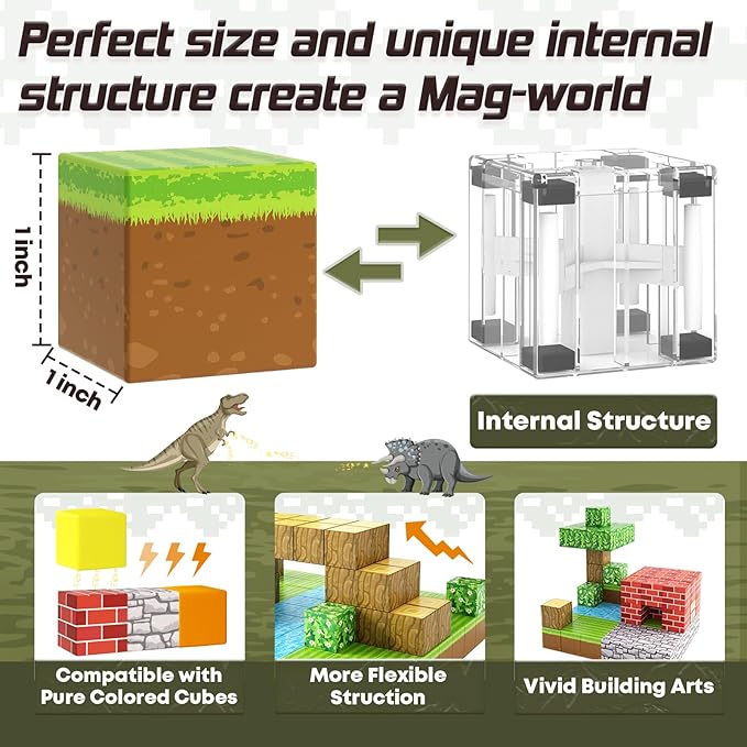 Magnetic Blocks-Build Mine Magnet World Grass Edition, Magnetic Toys for Boys & Girls Age 3-4 4-5 6-8, STEM Montessori Sensory Toys for Toddlers Gifts for 3+ Years Old Girls Boys