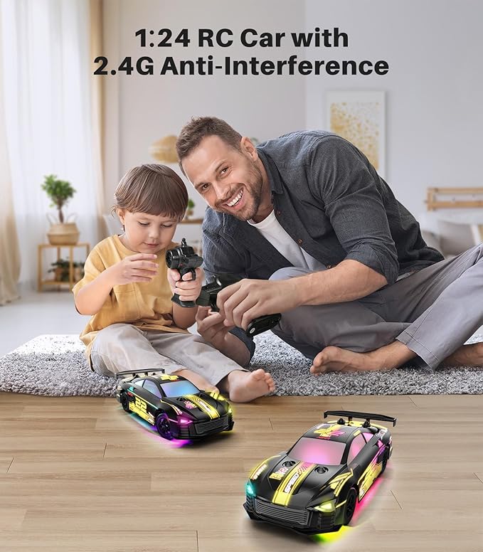 RC Car 1:24 Scale, 4WD High-Speed Remote Control Car with LED Lights, 2.4GHz Non-Disruptive, Rechargeable Batteries, 360° Drifting, PVC Shell, Ideal Birthday for Kids